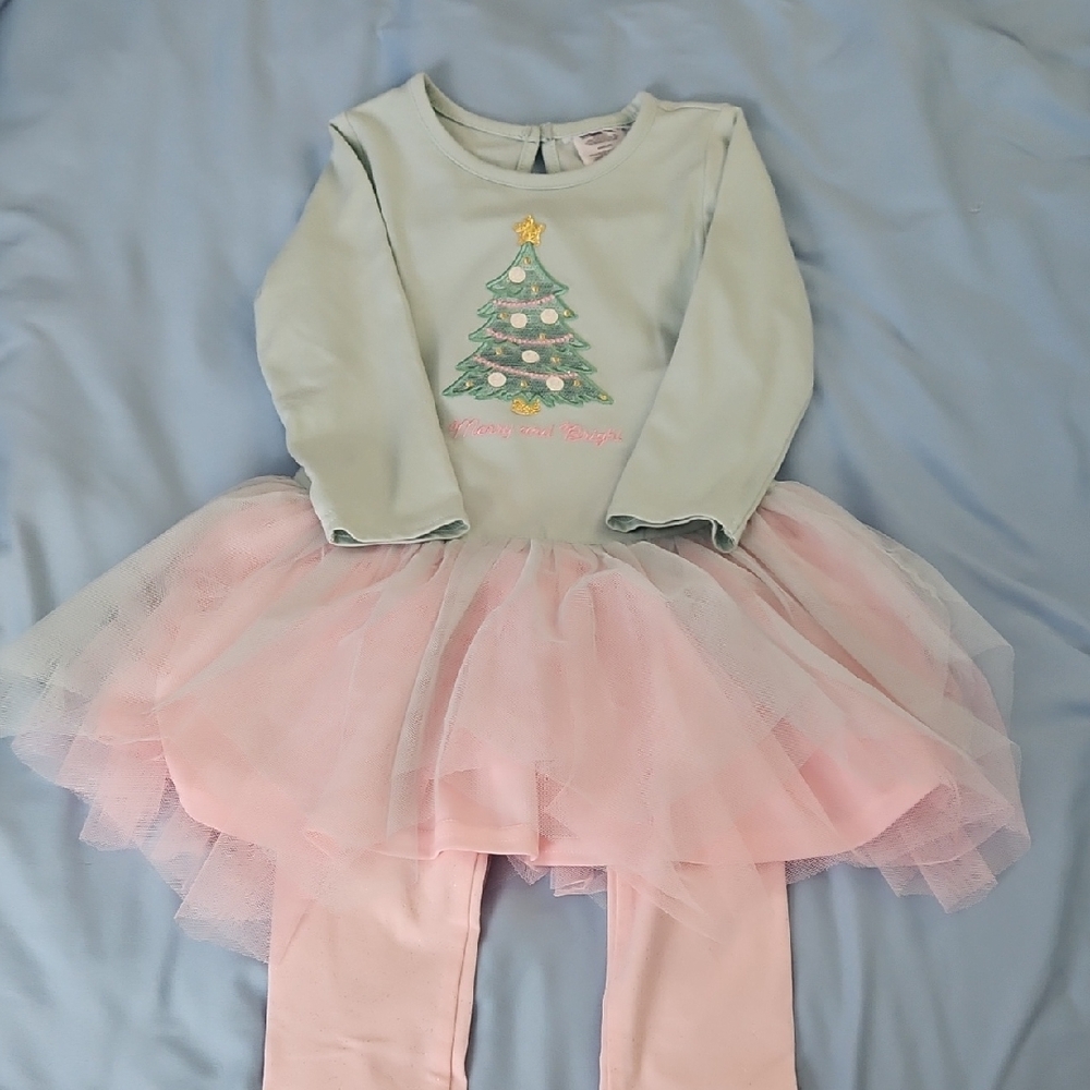 Girls' Christmas Tree Dress with Pink Tulle Skirt And Sparkle Leggings